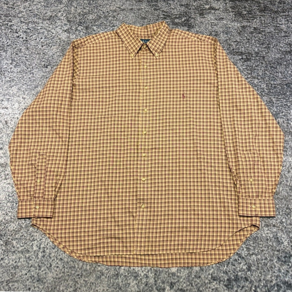 VTG Ralph Lauren Shirt Long Sleeve Button Down Plaid Beige Brown Mens 2XB Big